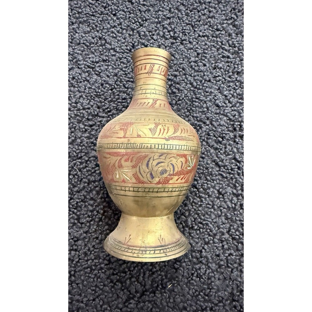 Mid‑Century Brass Engraved Vase – India – Red Enamel Bands – Vintage Decor